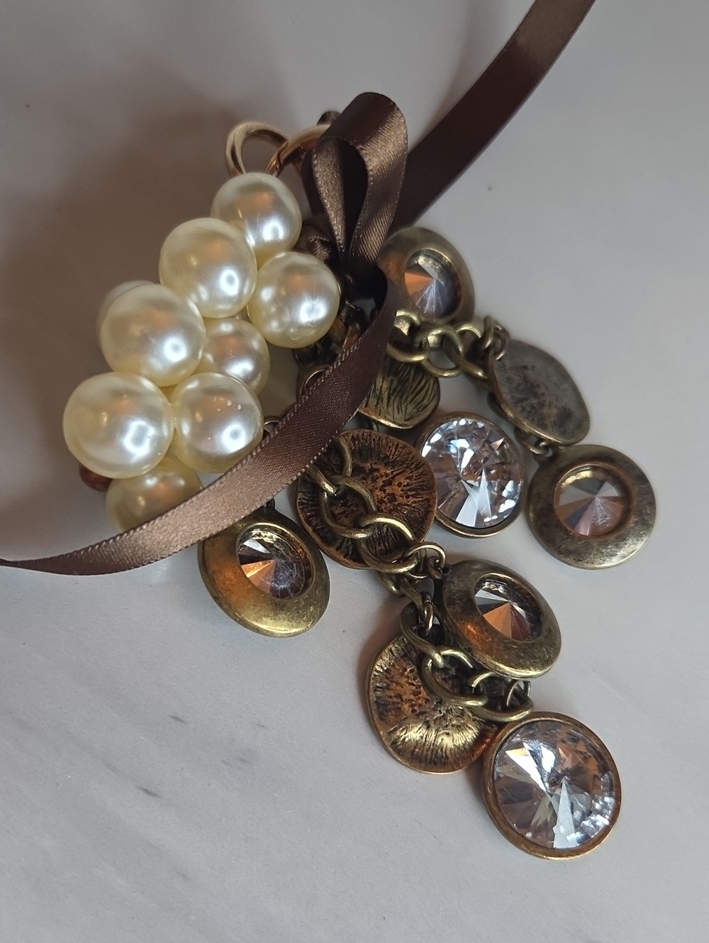 Pearl and Antique Gold Bag Charm